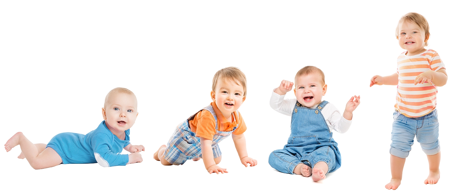 Four toddlers with light skin demonstrating developmental milestones. One is lying on their stomach, one is crawling, one is sitting, and one is standing.