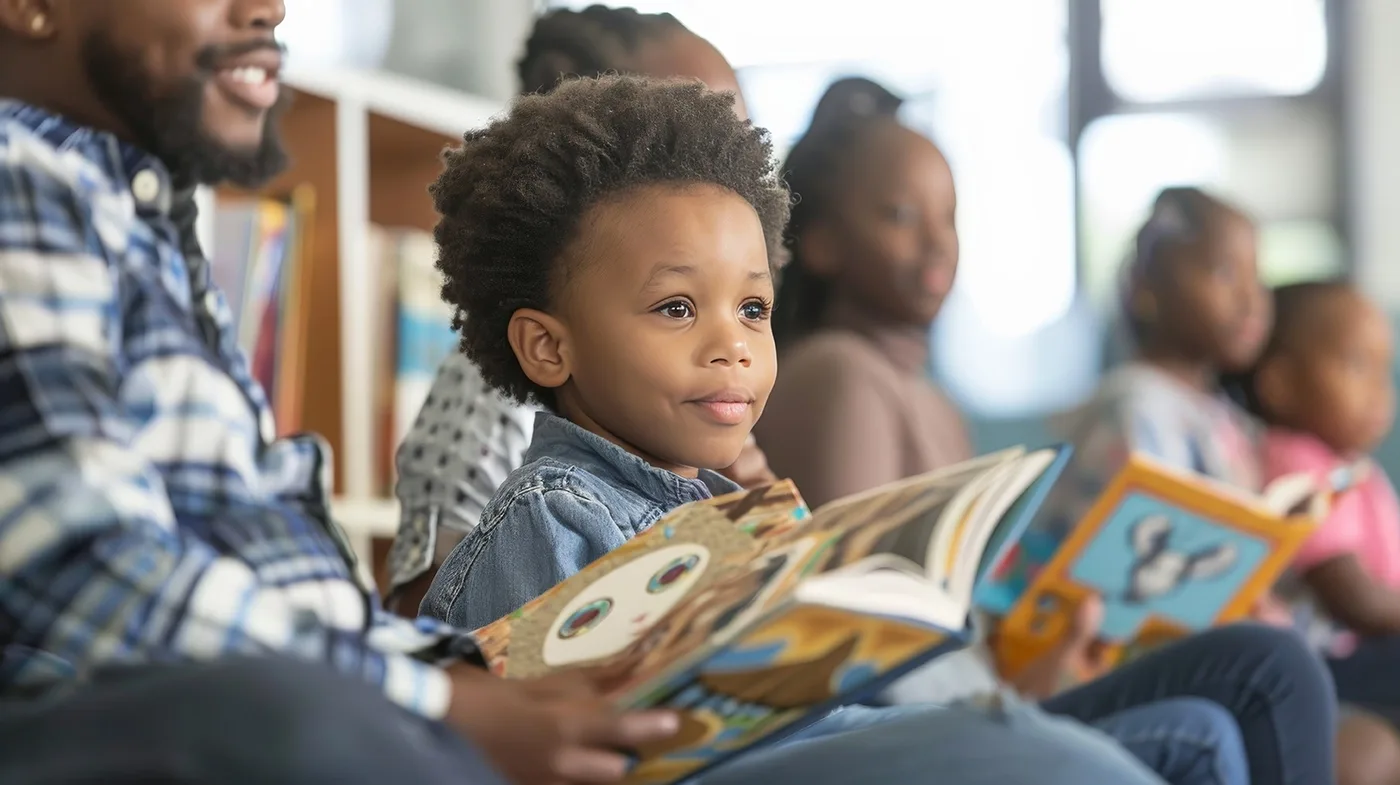 A group of children and parents with various skin tones sit in a classroom, reading books.
